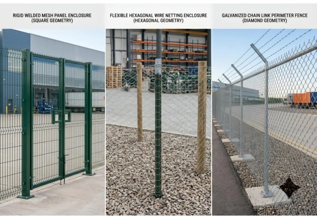 Wire mesh opening selection by enclosure and perimeter fence construction type